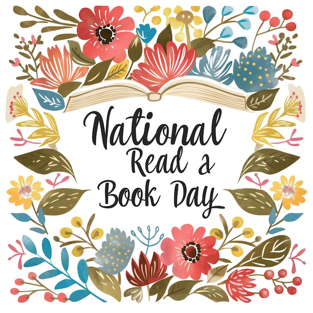 Photo national read a book day celebration with floral frame and open book illustration