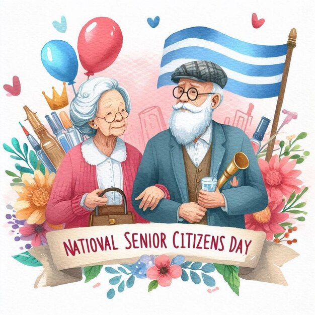 National Senior Citizen illustration of an old couple with a flag and a picture of an elderly couple