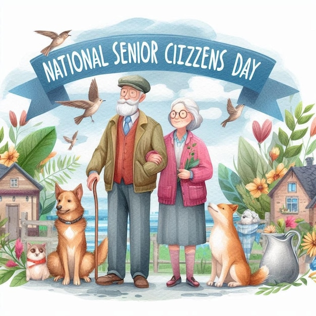 National Senior Citizens Day poster for national guard day of senior citizens with a couple and dogs