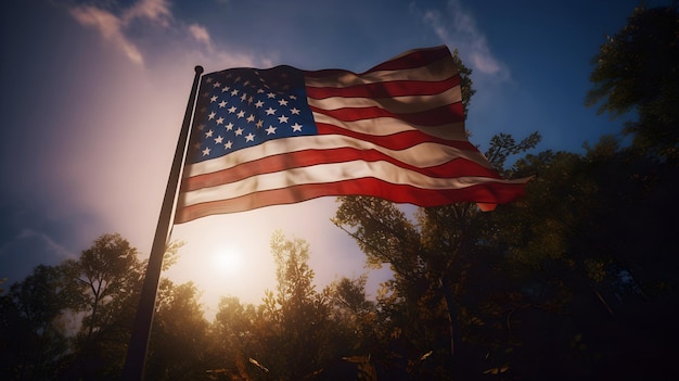 National waving flag of united states on pole against blue cloudless sky in daylight