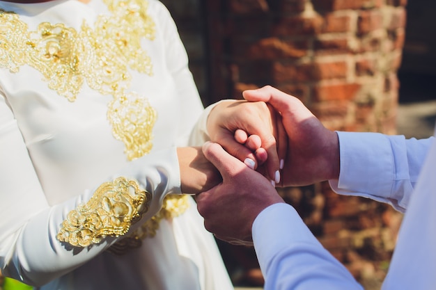 National wedding. Bride and groom. Wedding muslim couple during marriage ceremony. Muslim marriage.