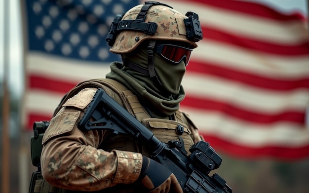 Photo a nations pride us soldier in full combat gear in front of american flag for veterans day