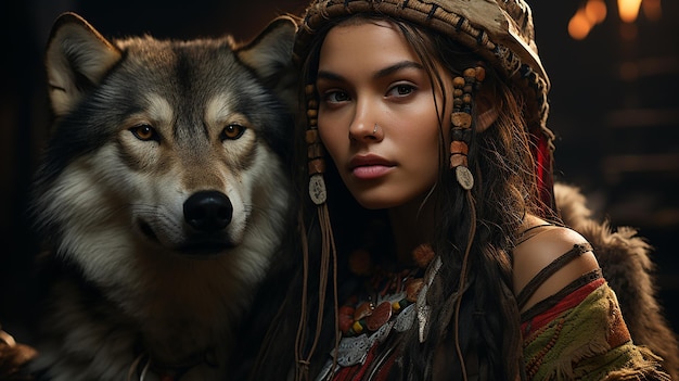 Native American girl with Wolf headdress full color beautifully made with Generative AI