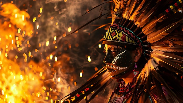 A Native American man wearing a traditional headdress stands in front of a fire