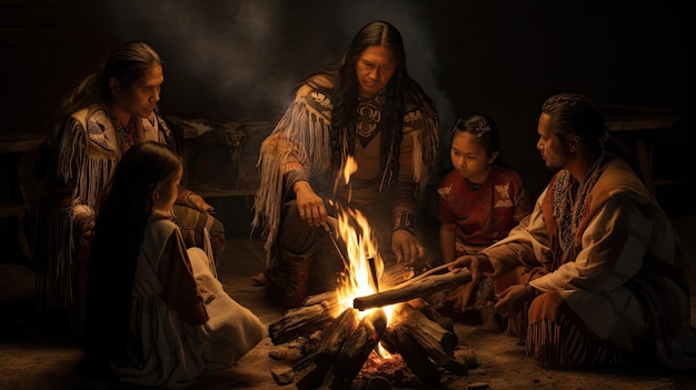 Native American storytellers sharing legends by a fire