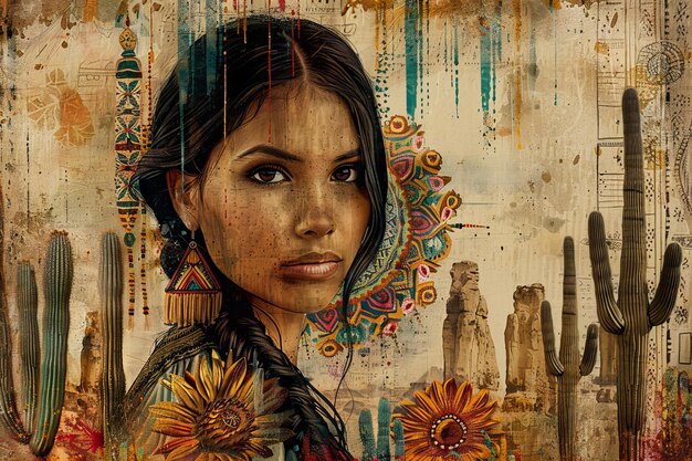 A Native American womans profile artfully blended into a mandala enveloped by a landscape featuring