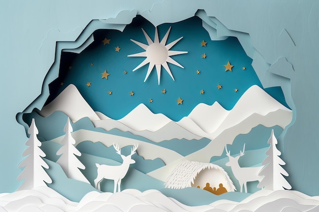 Nativity Scene winter in paper cut style