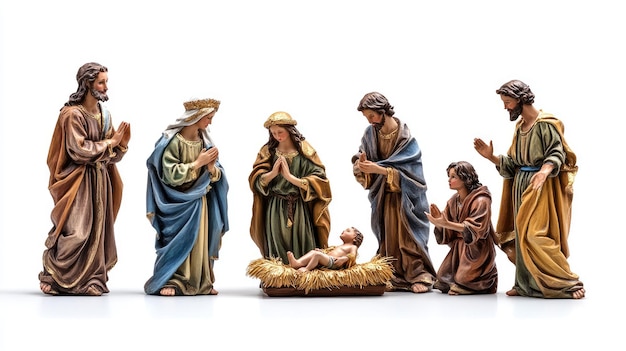 Nativity scene with jesus mary joseph shepherds and three wise men celebrating christmas