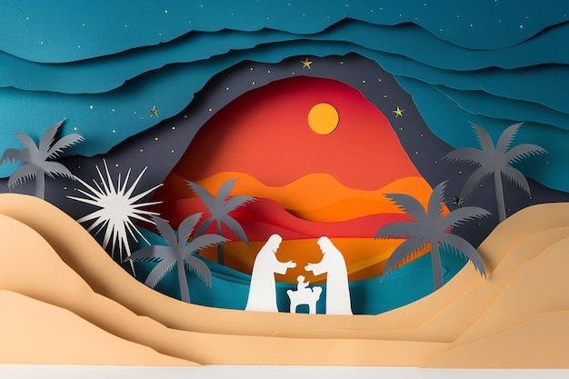 Photo nativity scene with mary and joseph and baby jesus in paper cut style