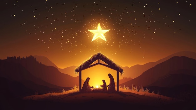 Photo the nativity scene with the star of bethlehem shining brightly over a humble stable in a mountainous landscape