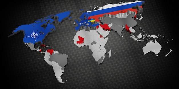 Photo nato member countries and russia' supporters in ukraine conflict on world map 3d illustration