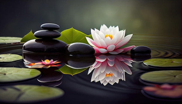 Natural Alternative Therapy With Massage Stones And Waterlily In Water with Generative AI Technology