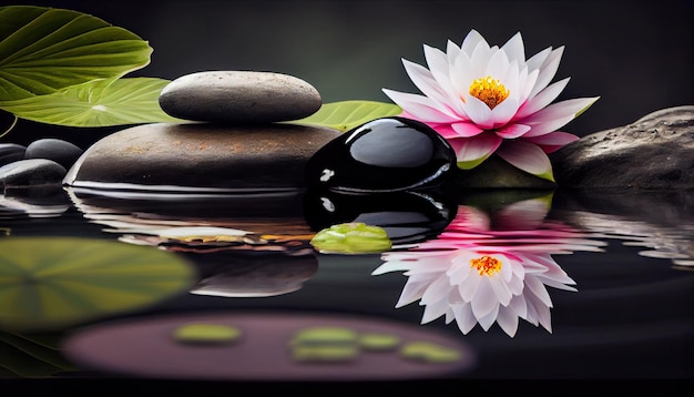 Natural Alternative Therapy With Massage Stones And Waterlily In Water with Generative AI Technology