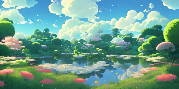 Natural anime landscape with bright sky and juicy colors