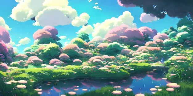 Natural anime landscape with bright sky and juicy colors