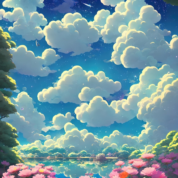 Natural anime landscape with bright sky and juicy colors