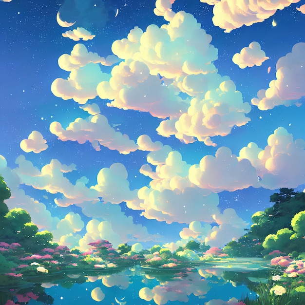 Natural anime landscape with bright sky and juicy colors