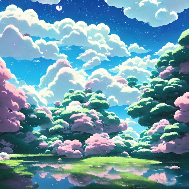 Natural anime landscape with bright sky and juicy colors