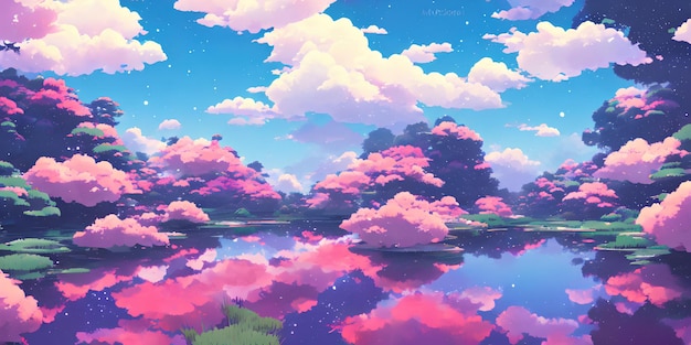 Natural anime landscape with bright sky and juicy colors