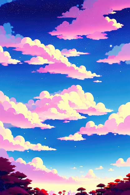 Natural anime landscape with bright sky and juicy colors