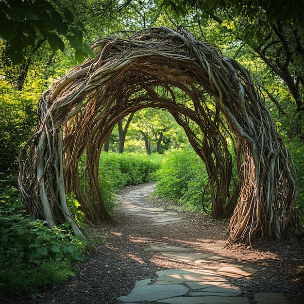 A natural archway of intertwined branches forms a gateway to a secret garden