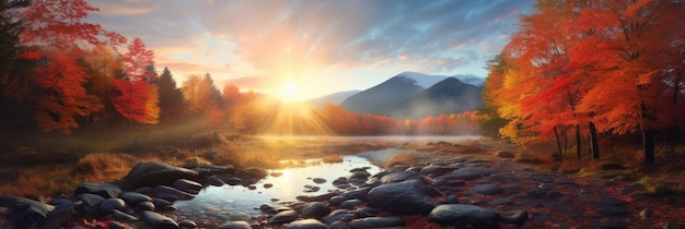 Natural autumn landscape with the sun in the forest and a mountain of orange leaves