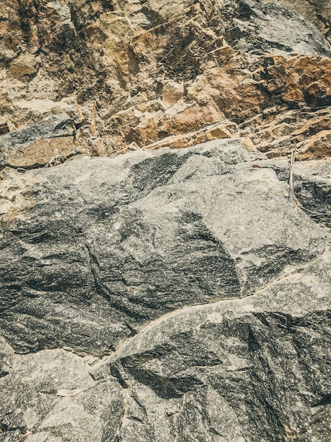 Natural background Closeup edged shabby cliff cracks Graybrown stone rock texture of mountains Vintage and faded matt style colour in tinted photo Concept of geolog mountaineering or hard work