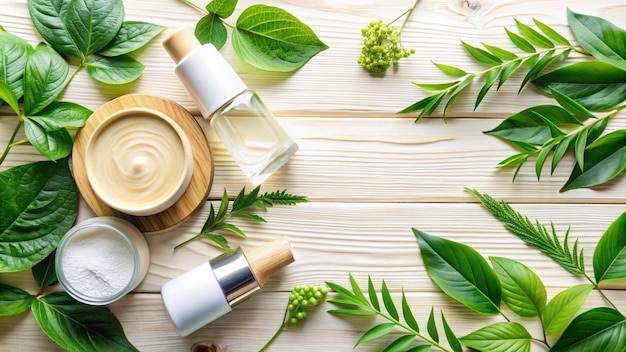 Natural background for cosmetic products created from wood and green leaves