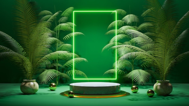 Natural background marble podium studio floor with green plants and a neon glowing rectangle frame