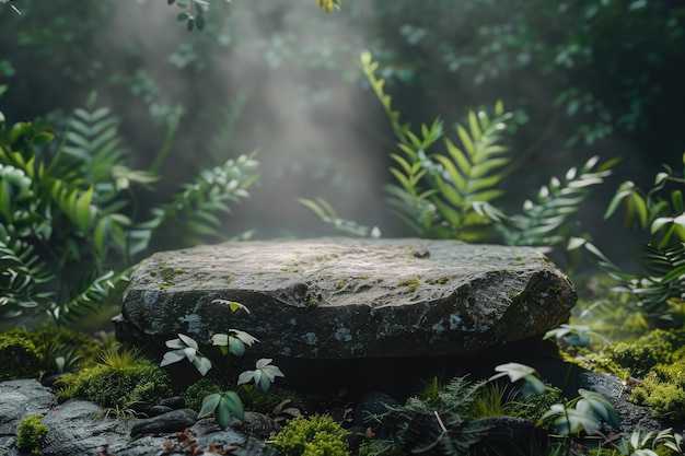 Natural Background Mockup with Rock Platform and Forest Foliage