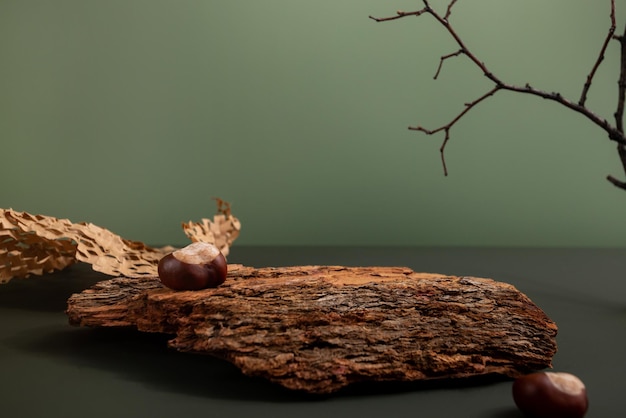 Natural background podium for cosmetic products created from wood bark and paper on green background...