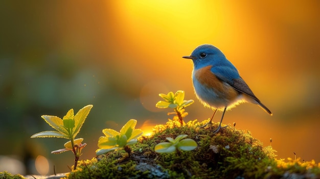 Natural background and a small blue bird perched on a branch with a small moss tree covered