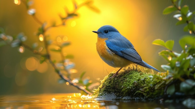 Natural background and a small blue bird perched on a branch with a small moss tree covered