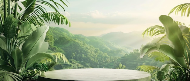 natural background of tropical hills sets the stage for this podium or stage advertising perfect for capturing the beauty of the tropics