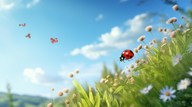 Photo natural background with little flying ladybug