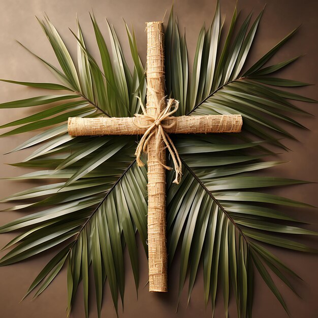 Photo natural bamboo sacred cross and palm leaf wall hanging decor cross palm sunday photo christian art