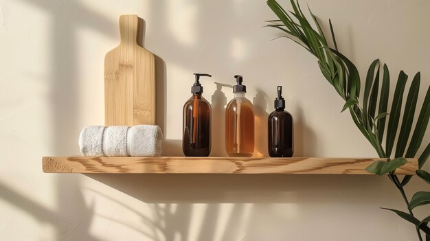 Photo natural bathroom products on a wooden shelf