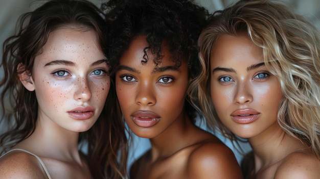 Natural beauty of asian africanamerican and caucasian women with clean healthy glowing perfect facial skin studio portrait