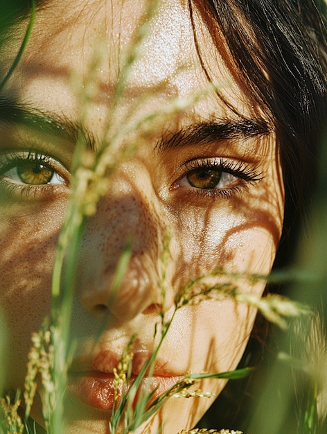 Photo natural beauty closeup portrait with shadows and greenery