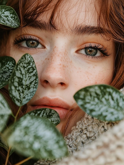 Photo natural beauty closeup portrait of a woman with freckles surrounded by green leaves