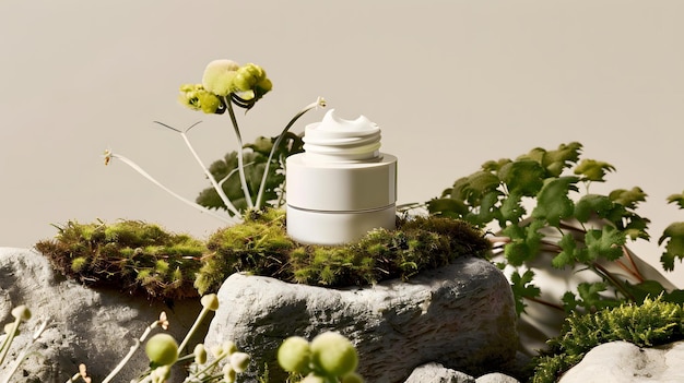 Photo natural beauty cream jar on moss covered rocks