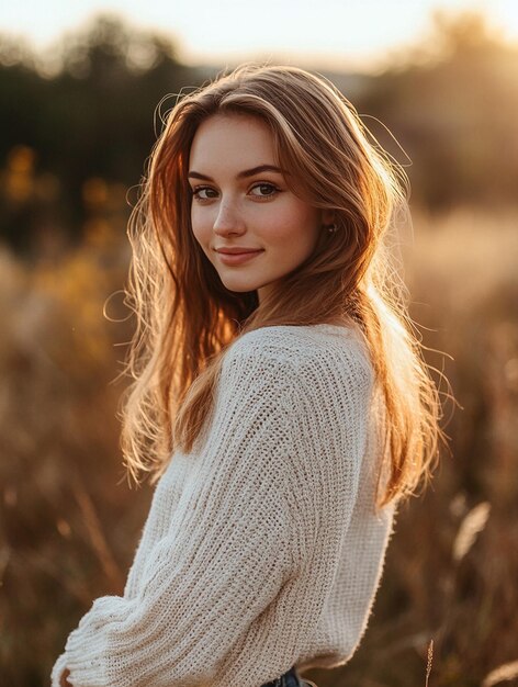 Natural Beauty in Golden Hour Serene Portrait of a Young Woman in a Field