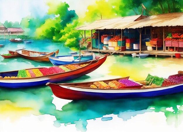 Natural beauty multicolor rural floating boat market colorful painting on paper HD watercolor image