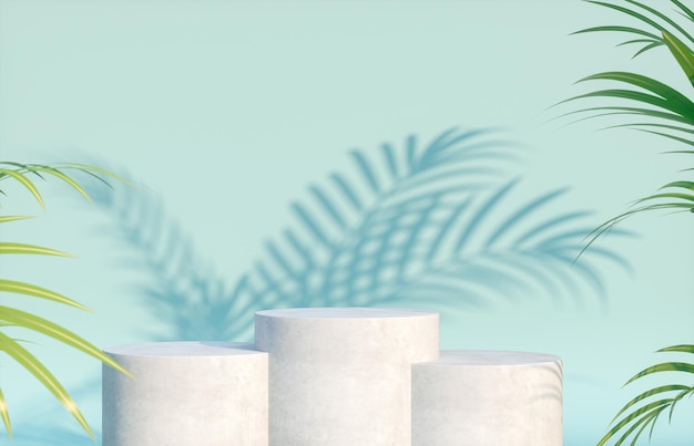 Natural beauty podium backdrop for cosmetic product display with tropical palm leaves