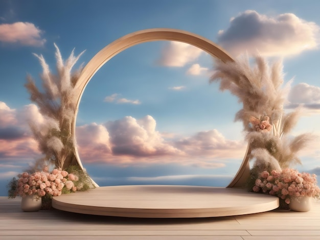 Natural beauty podium backdrop for product display with dreamy sky background Romantic 3d scene