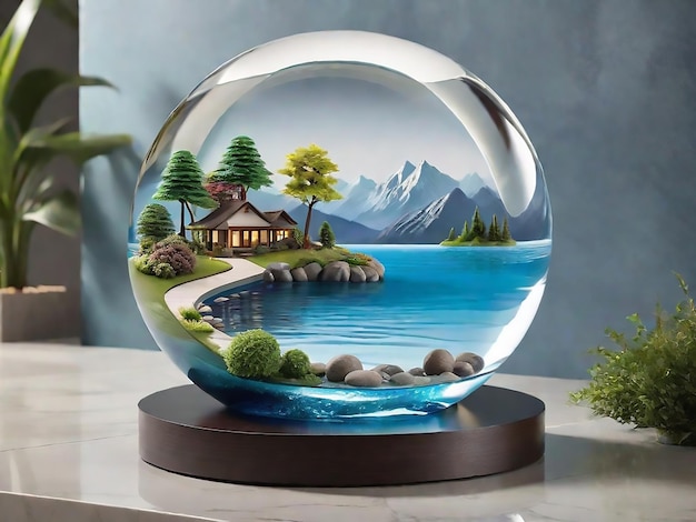 Natural beauty podium backdrop for product display with glass sphere and landscape background