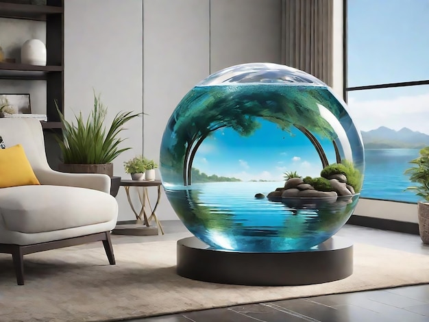 Natural beauty podium backdrop for product display with glass sphere and landscape background