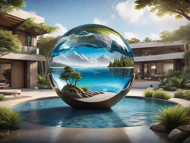 Natural beauty podium backdrop for product display with glass sphere and landscape background