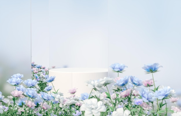 Natural beauty podium backdrop with spring rose flower field scene 3d rendering