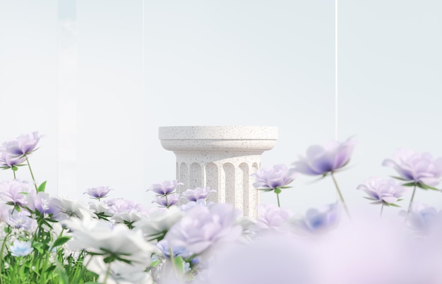 Natural beauty podium backdrop with spring rose flower field scene 3d rendering